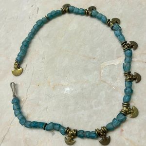 Blue Beaded Choker Length Necklace with Gold/Bronze Accents